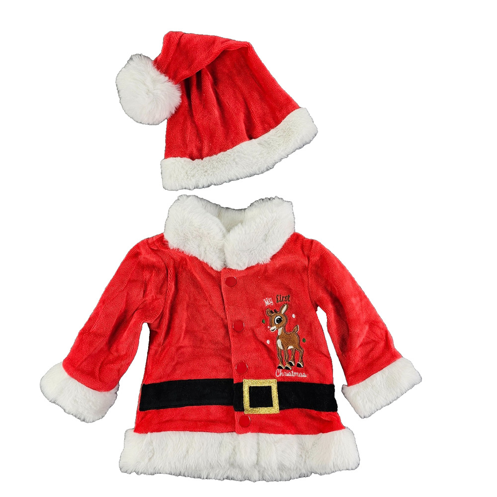 Baby's First Christmas Santa Jacket Hat Rudolph Red Nosed Reindeer Size 3 months